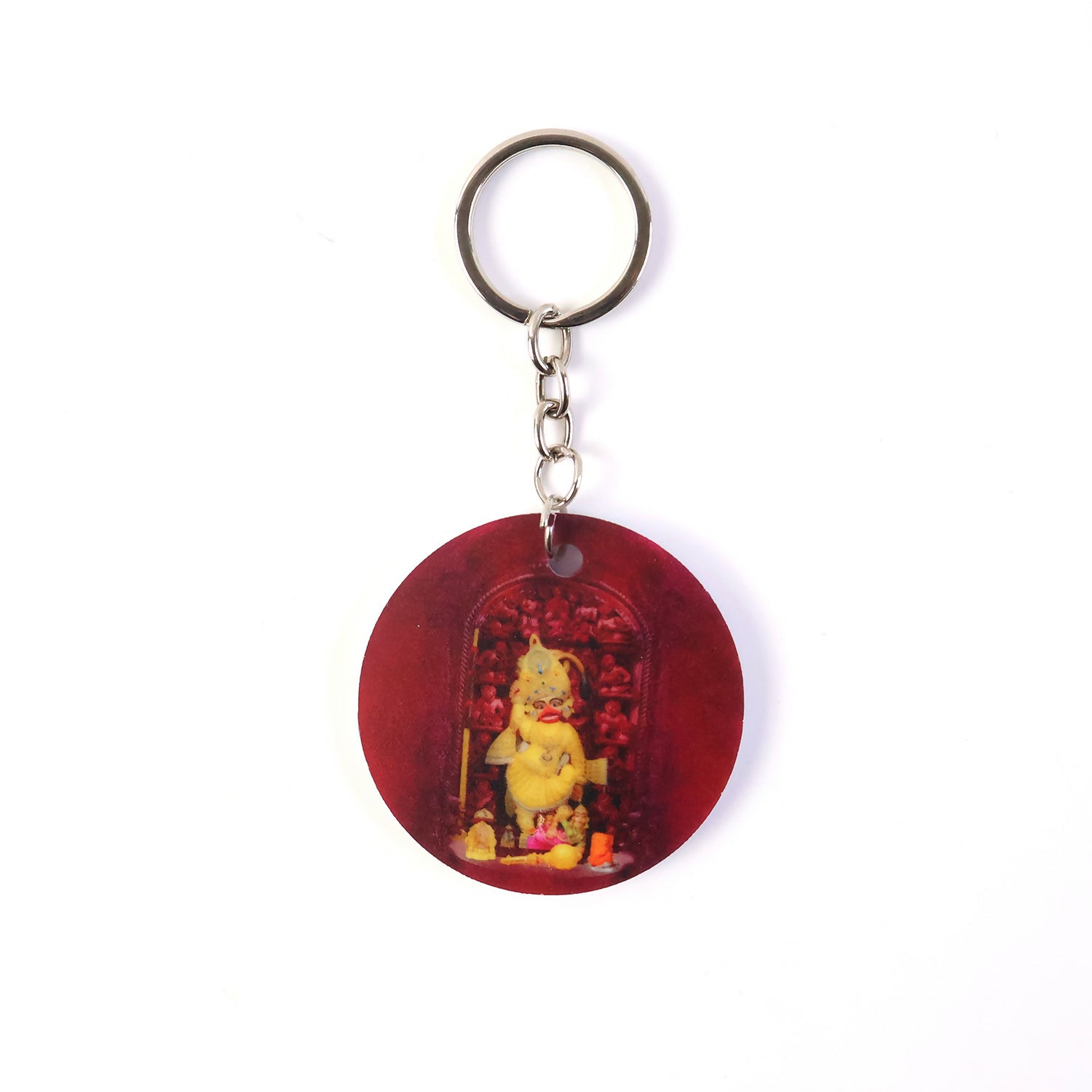 Devotional Hanuman Mandir Printed Round Keychain – Rich Maroon Finish & Durable Metal Ring