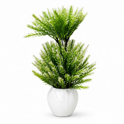 Artificial Mini Pine Plant Decorative White Pot Home Office Table Centerpiece Decor