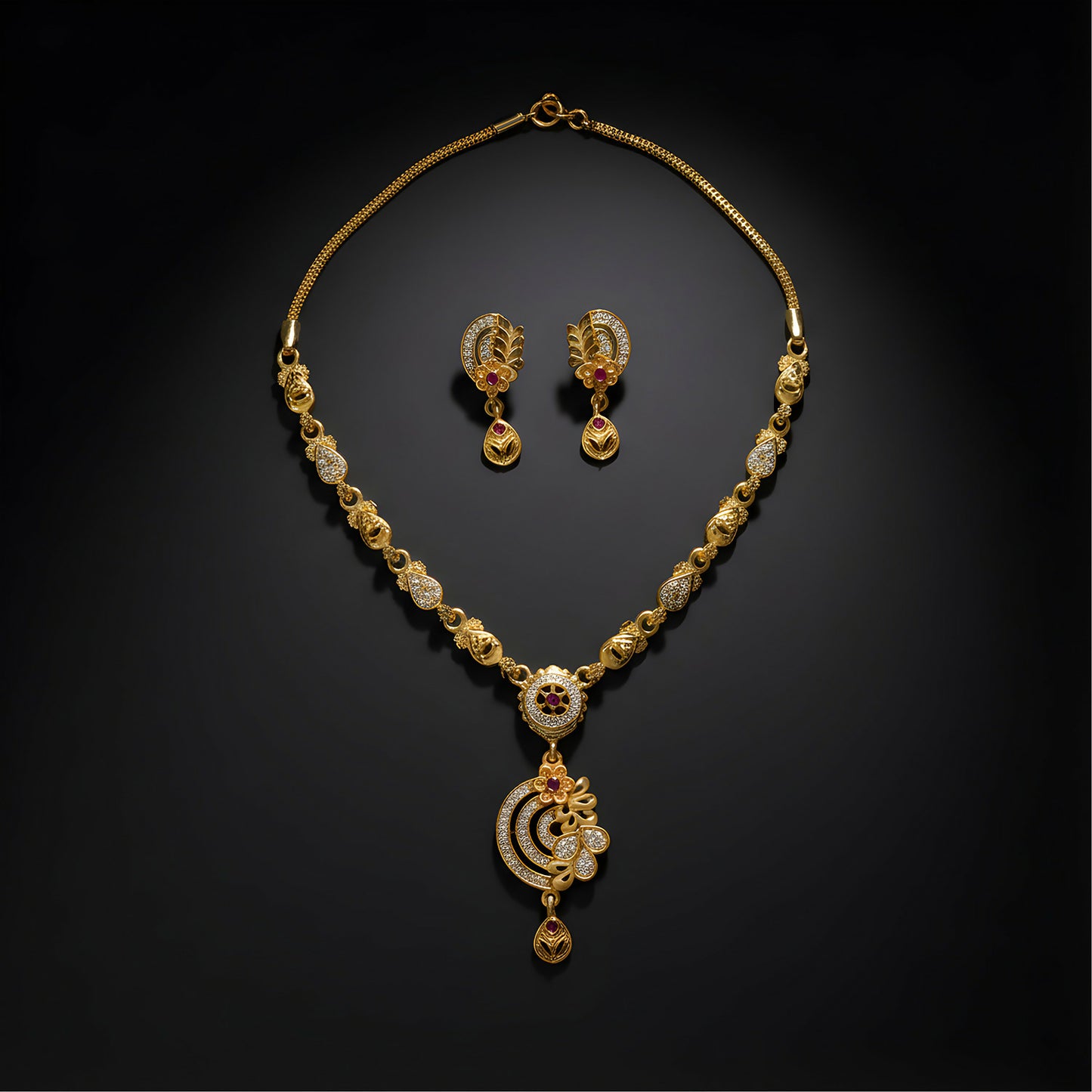 Premium Gold-Tone Ethnic Necklace Set with Floral Pendant Design & Matching Drop Earrings