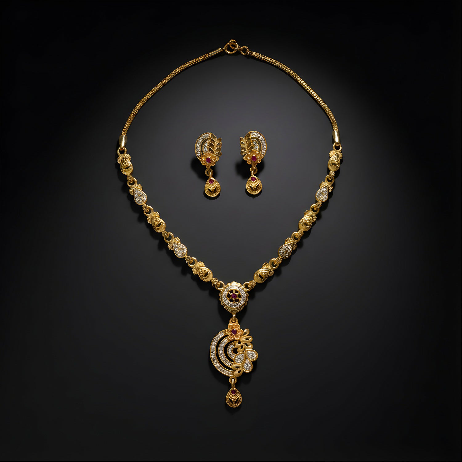 Premium Gold-Tone Ethnic Necklace Set with Floral Pendant Design & Matching Drop Earrings