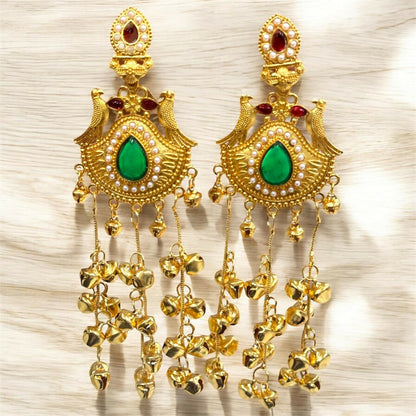 Traditional Kashmiri Gold-Plated Jhumka Earrings with Green Stone & Ghungroo Drops