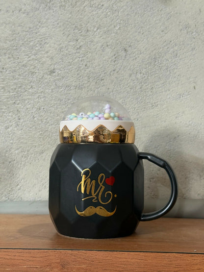 Premium MR Snow-Globe Ceramic Mug with Golden Crown Lid | Gift for Him | 400 ml
