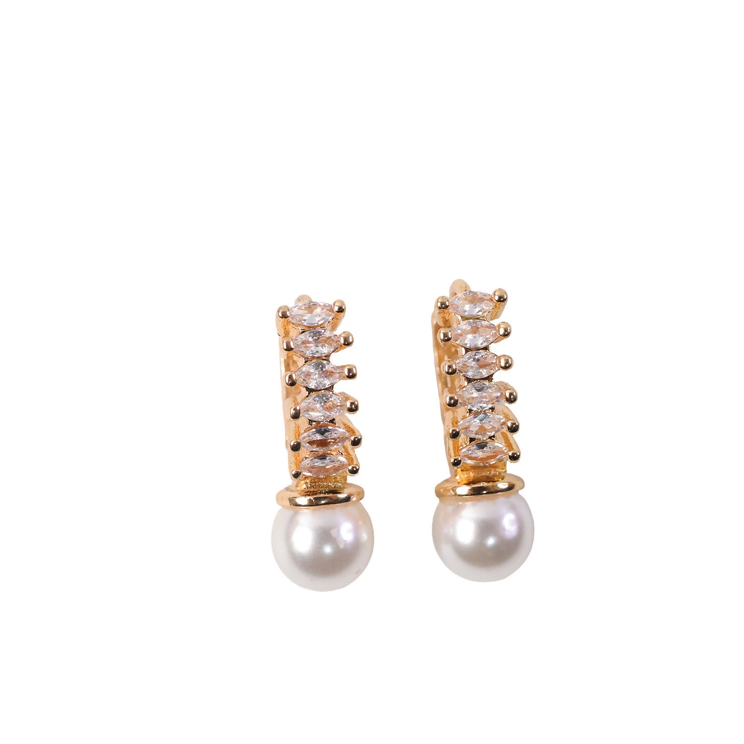 Front view of lightweight pearl drop earrings featuring gold finish and sparkling bar