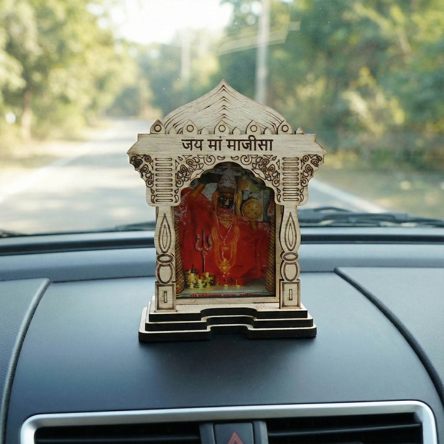 Wooden Maa Majisa Temple Frame Idol for Car Dashboard, Home Mandir & Office Decor