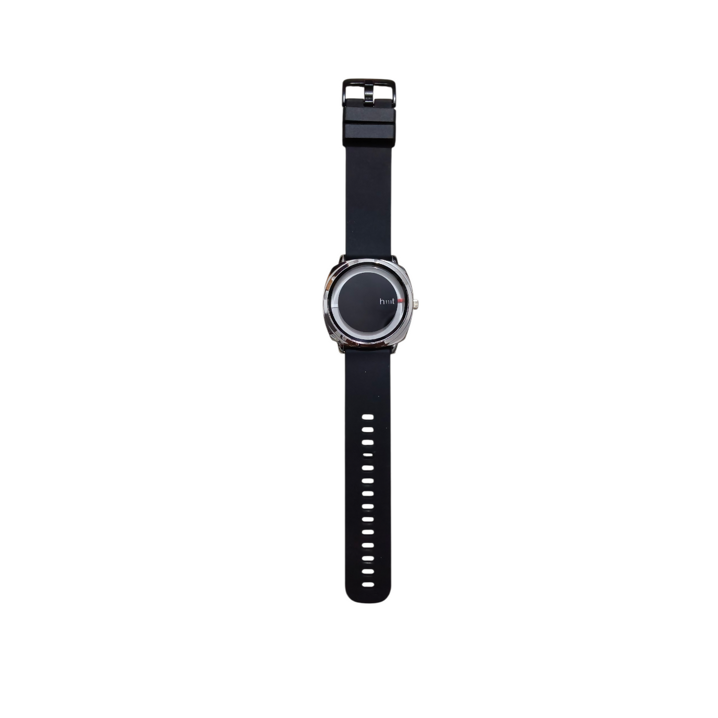Top-down view of the analog wrist watch, showcasing the strap texture.