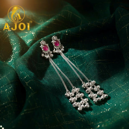 Kashmiri silver-tone ruby chain drop earrings showing deep ruby stone and cascading chains