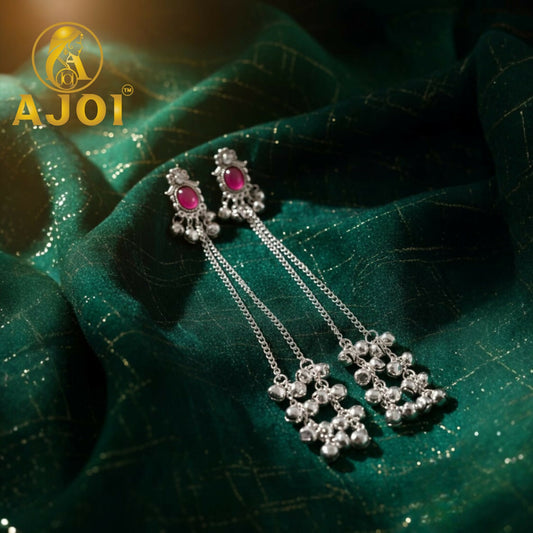 Kashmiri silver-tone ruby chain drop earrings showing deep ruby stone and cascading chains