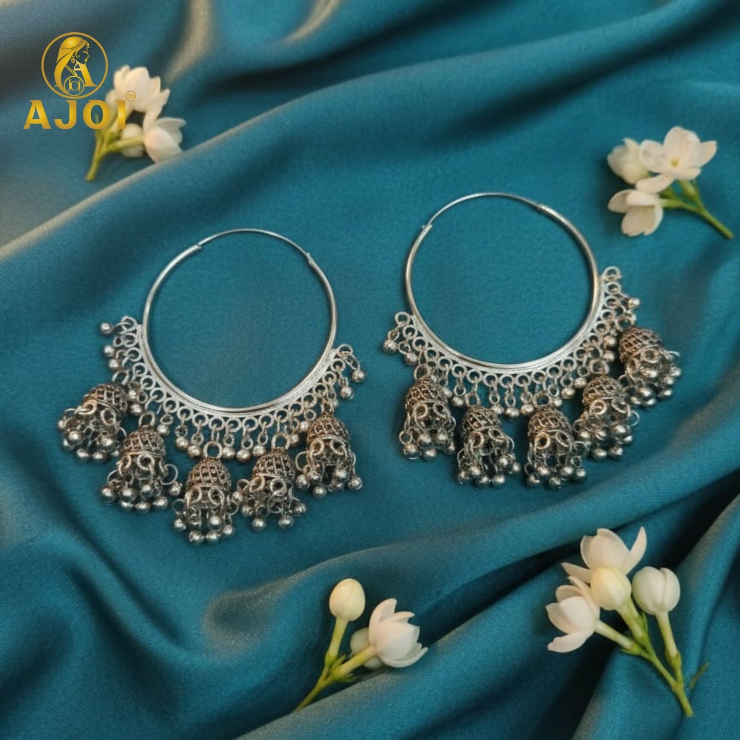 Handcrafted Oxidized Silver Hoop Jhumka Earrings with Intricate Filigree Detailing and Multiple Dangling Bell Drops