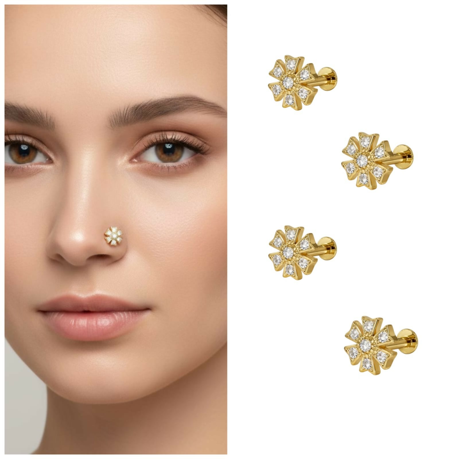 Gold plated floral labret piercing close-up showing sparkling cubic zirconia crystals on flat back stud