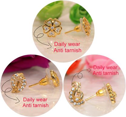 Gold Plated AD Stud Earrings Combo Set of 3 for Women & Girls