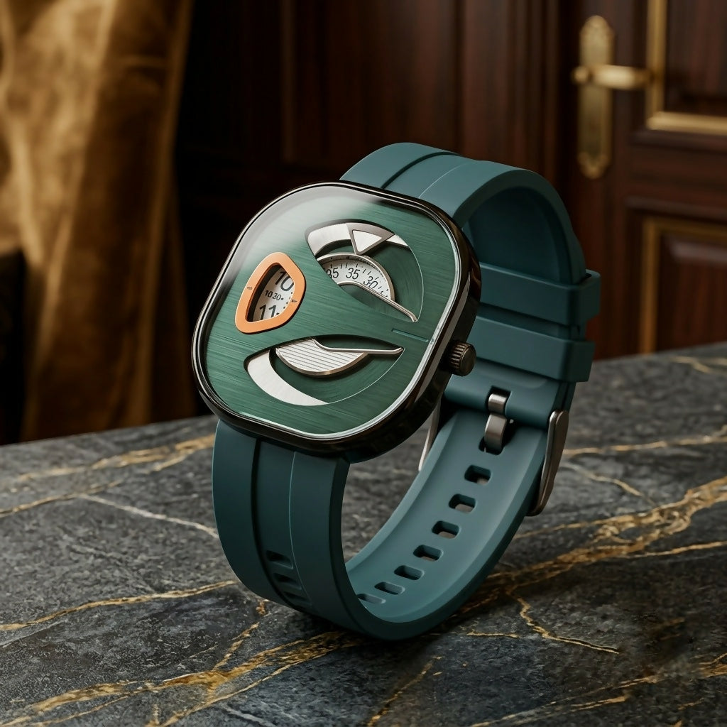 Green watch with a dark metallic case and a teal silicone strap, presented on a polished marble surface.