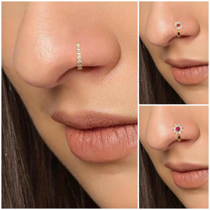 Ruby & CZ Gold Plated Non-Piercing Flower Nose Ring/Nath Combo Pack of 3