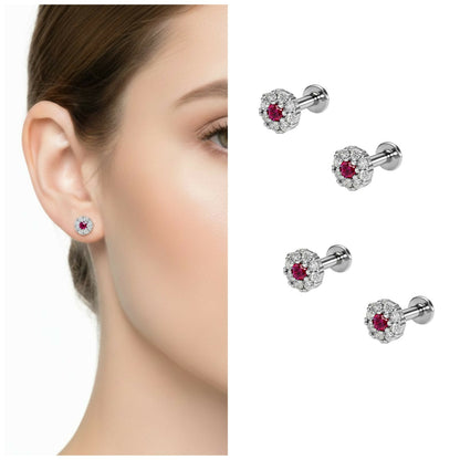 Ruby halo flat-back stud earrings with vibrant red ruby centers and diamond halos