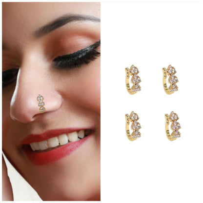 Gold plated 3-heart clip-on nosepin with vertical heart motifs and sparkling CZ stones
