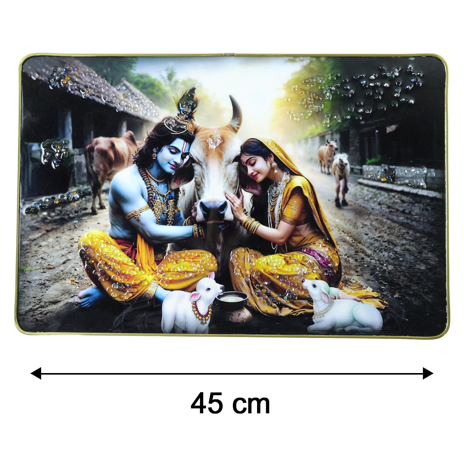 Peaceful Radha Krishna Village Scene Wall Art Frame (1 Pc, 45x30 Cm)