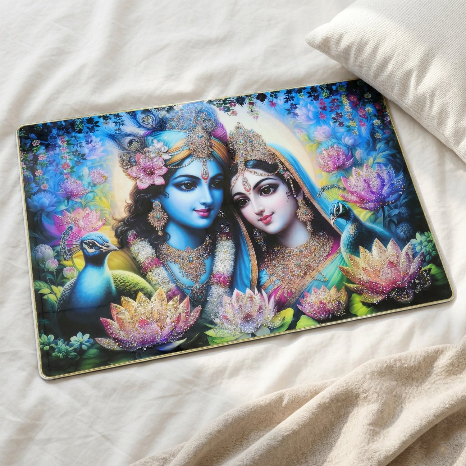 Detailed close-up of Radha Krishna artwork