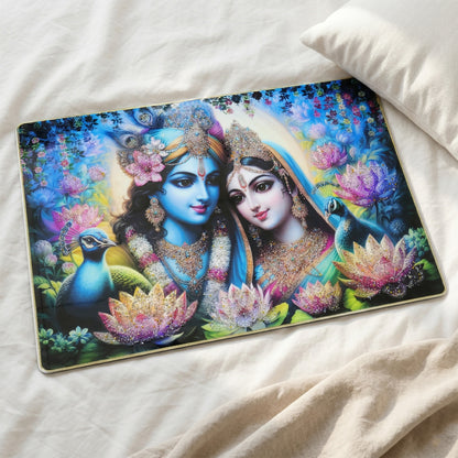 Detailed close-up of Radha Krishna artwork