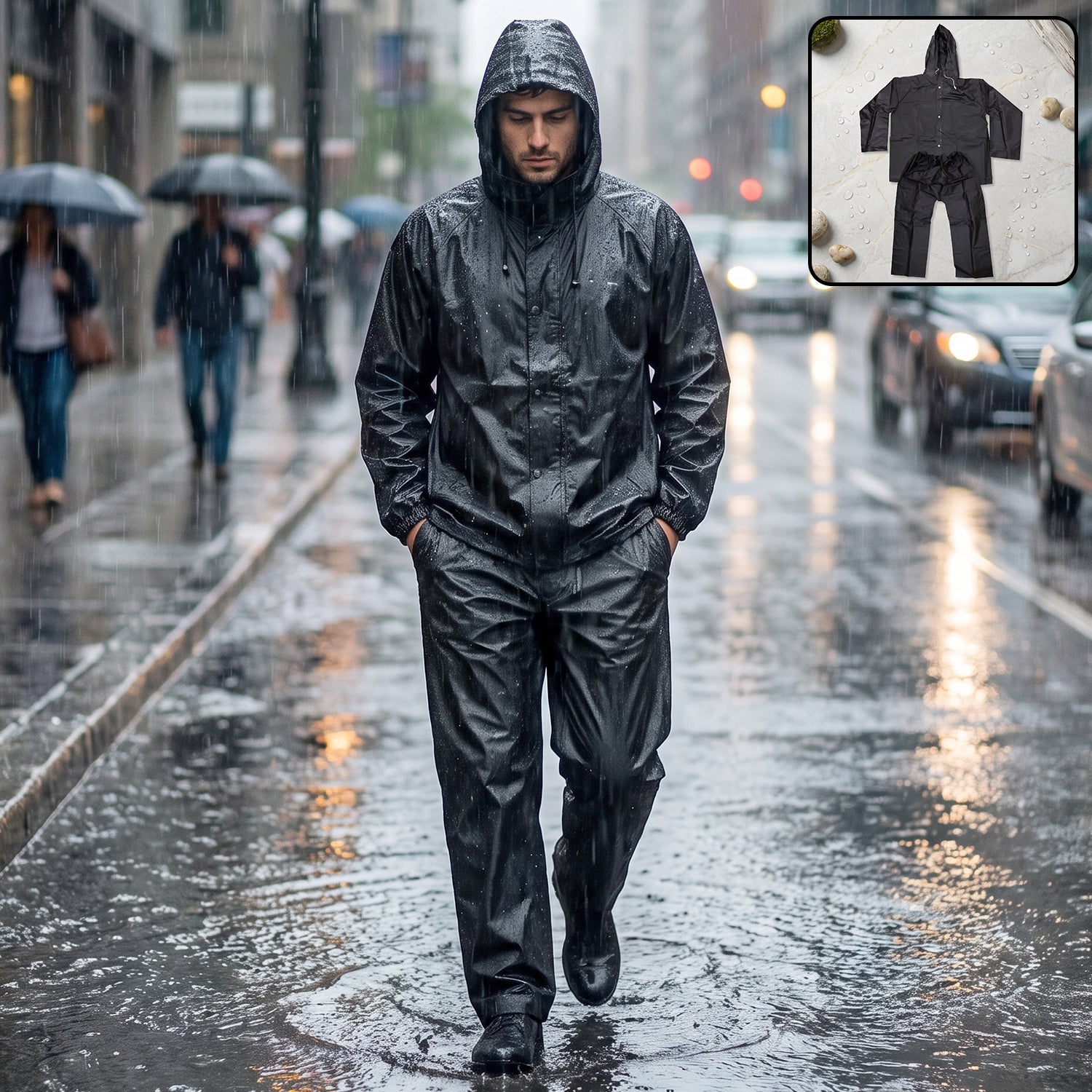Reusable Waterproof EVA Rain Coat Set with Hood Jacket and Pant (1 Set)