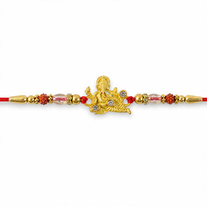 Side view of the Ganesha Rakhi, emphasizing the beauty of its stone and bead arrangement.