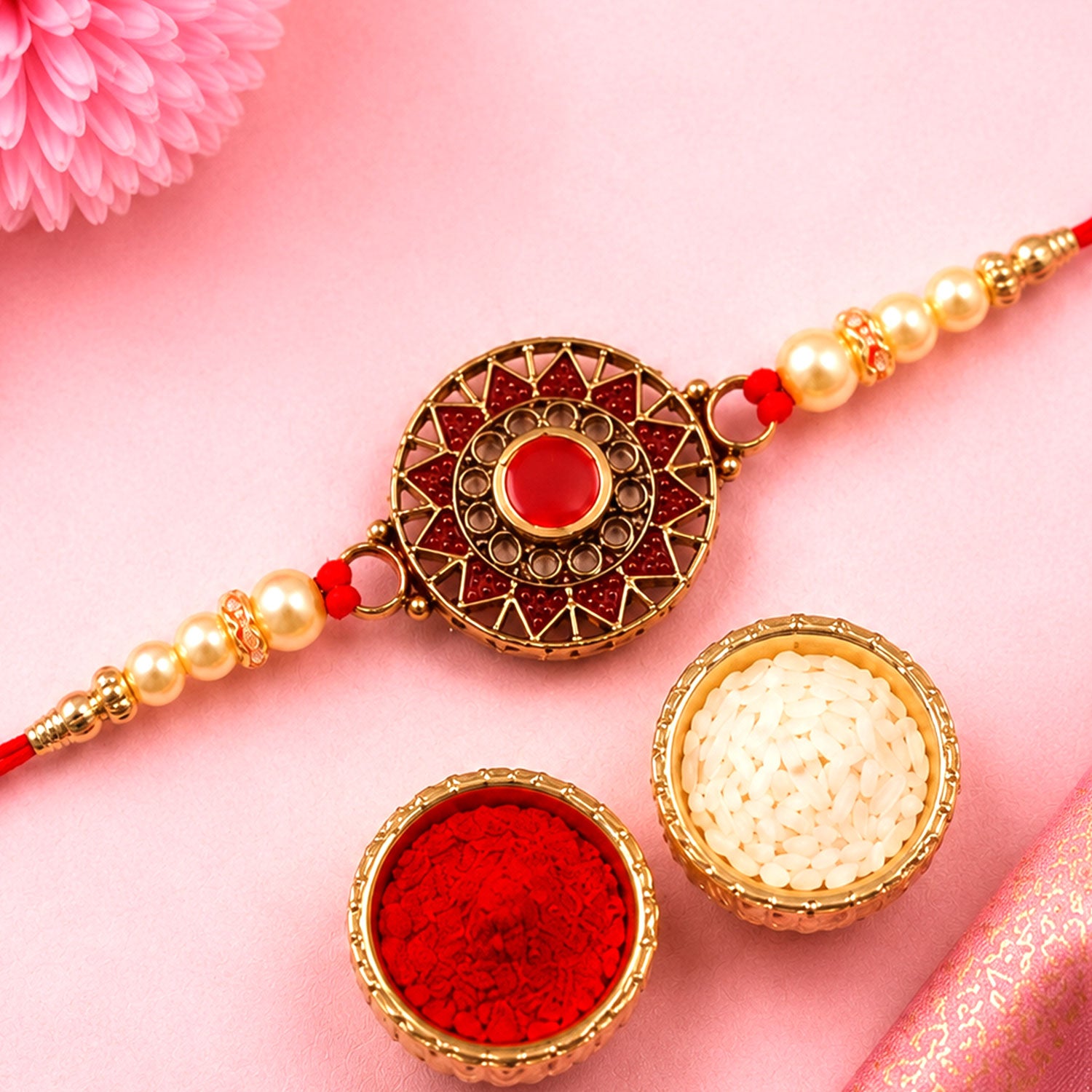 Premium Traditional Rakhi – Red Stone & Pearl Beads Elegant Design