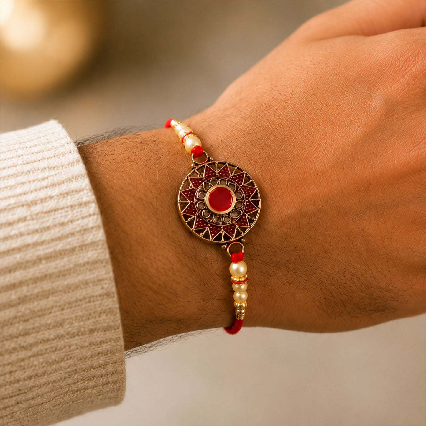 Premium Traditional Rakhi – Red Stone & Pearl Beads Elegant Design