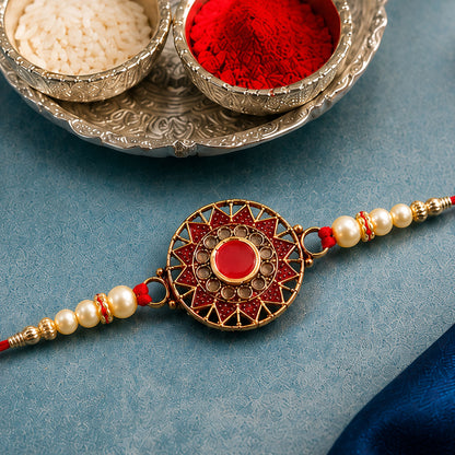 Premium Traditional Rakhi – Red Stone & Pearl Beads Elegant Design