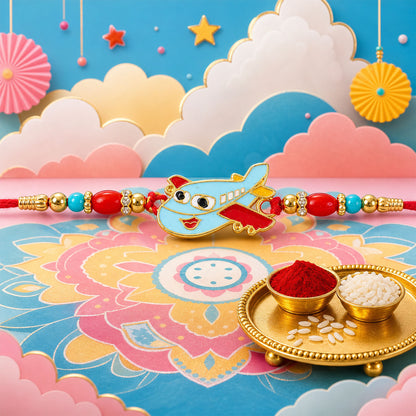 Another view of the playful airplane Kids Rakhi with vibrant beads