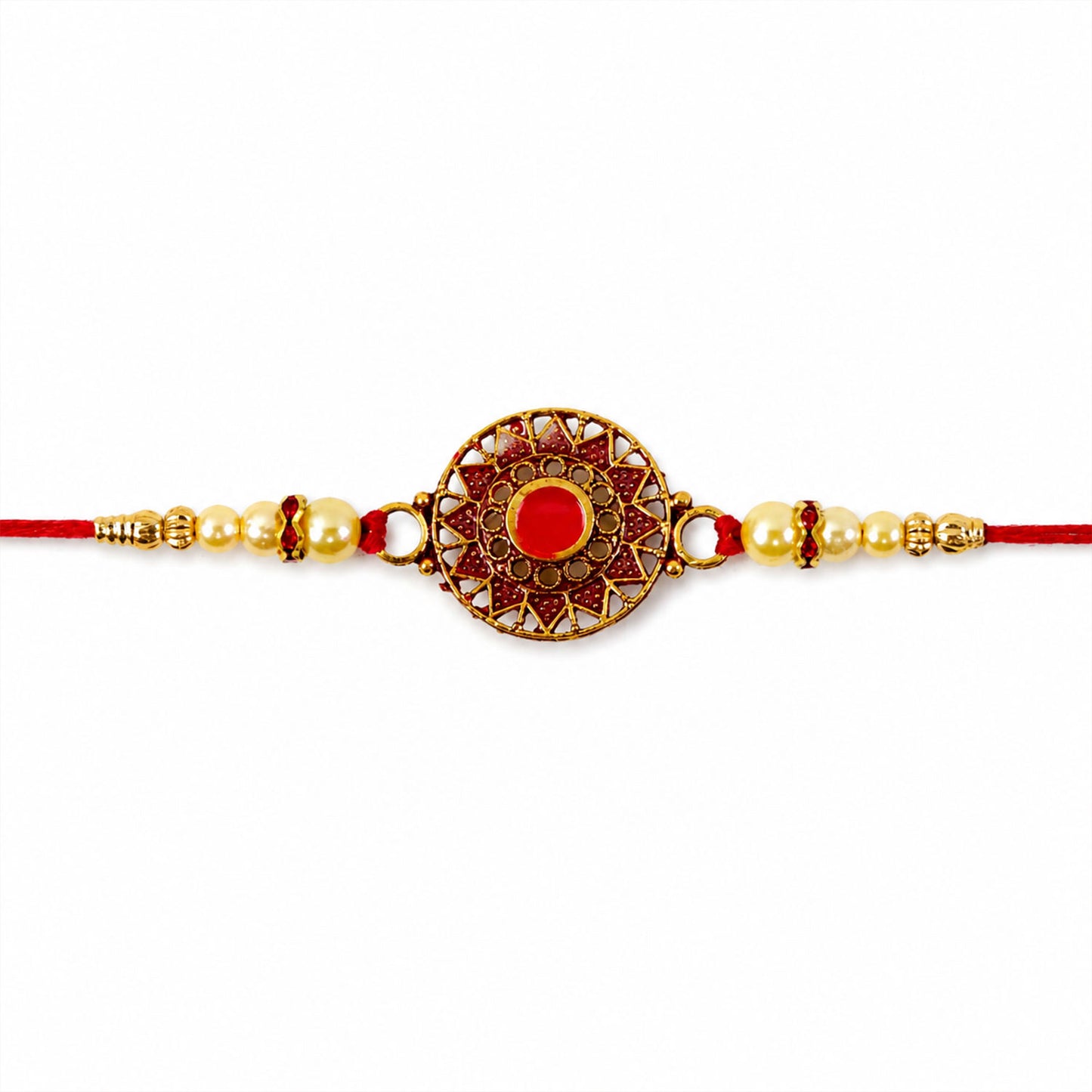Premium Traditional Rakhi – Red Stone & Pearl Beads Elegant Design