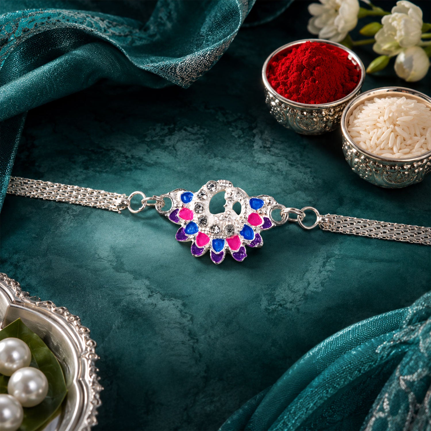 Premium Silver Chain Rakhi with Peacock Motif Rakhi for Brother