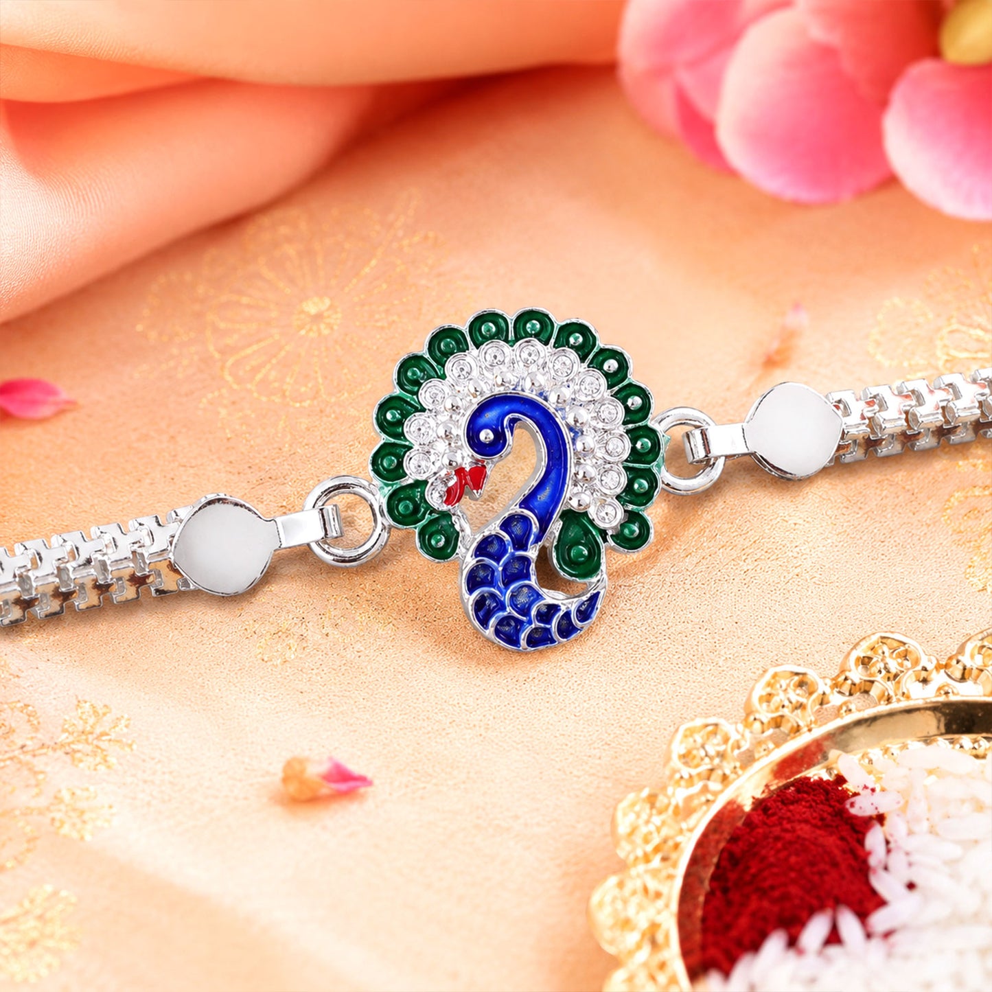 Silver Peacock Meenakari Rakhi with Crystal & Chain Rakhi for Brother