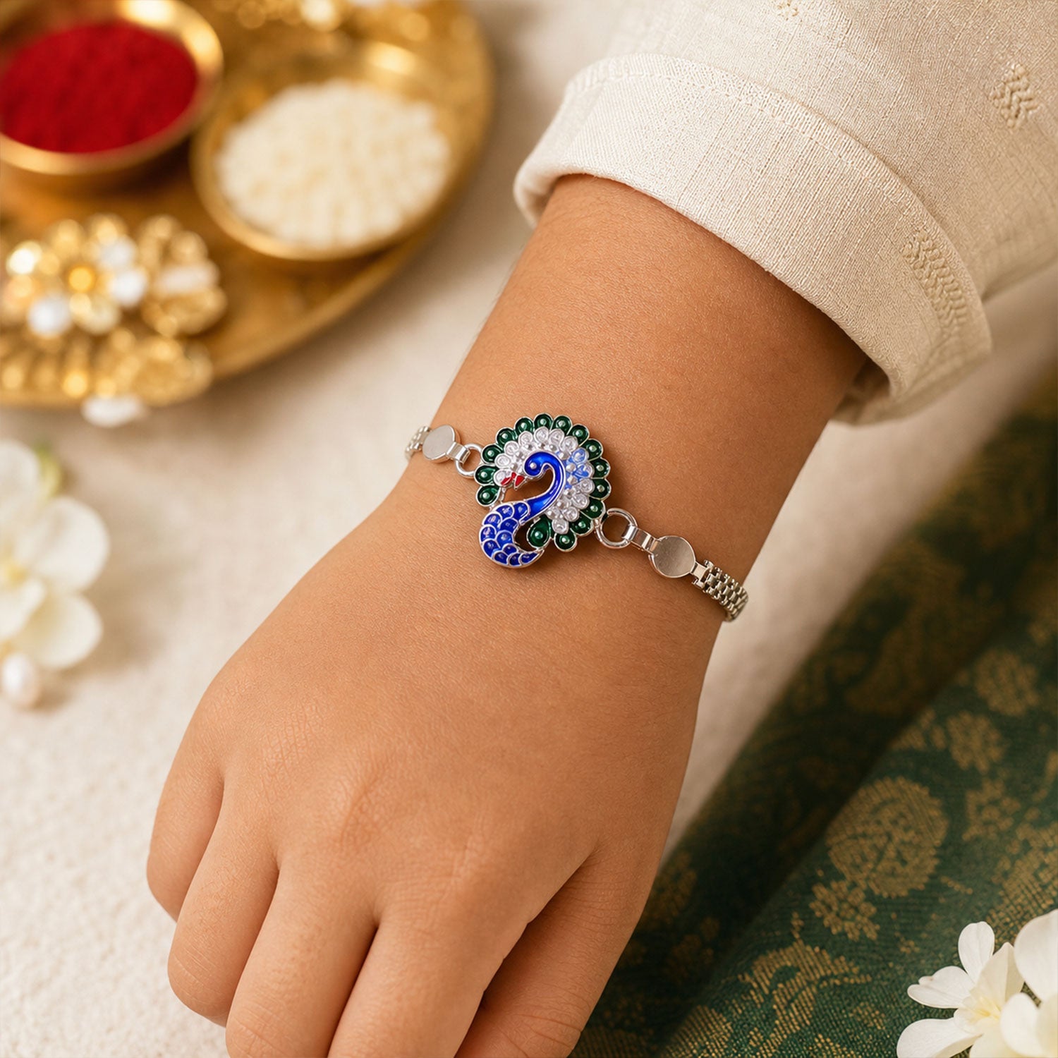 Silver Peacock Meenakari Rakhi with Crystal & Chain Rakhi for Brother