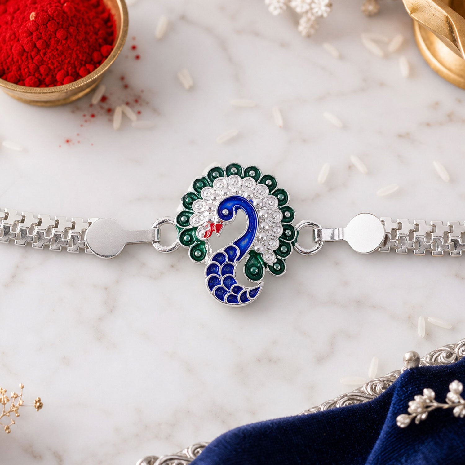 Silver Peacock Meenakari Rakhi with Crystal & Chain Rakhi for Brother