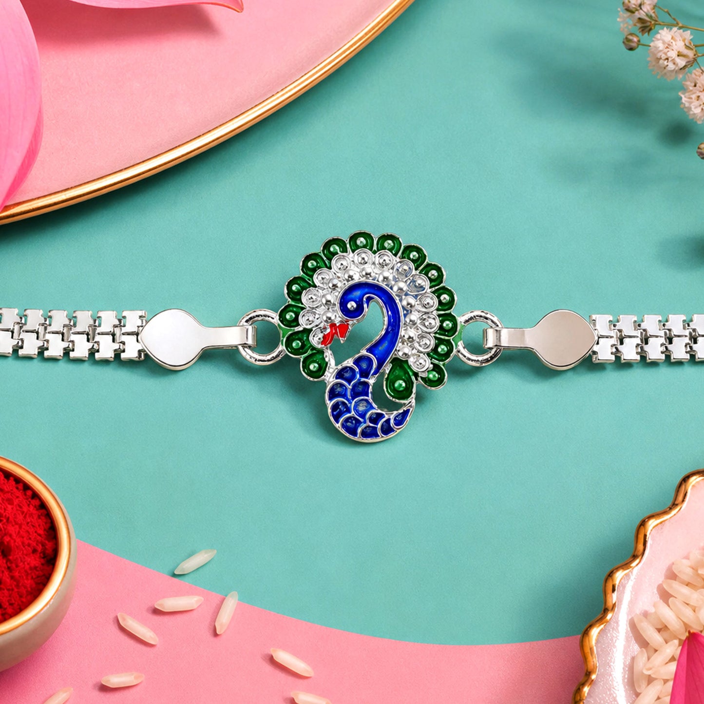 Silver Peacock Meenakari Rakhi with Crystal & Chain Rakhi for Brother