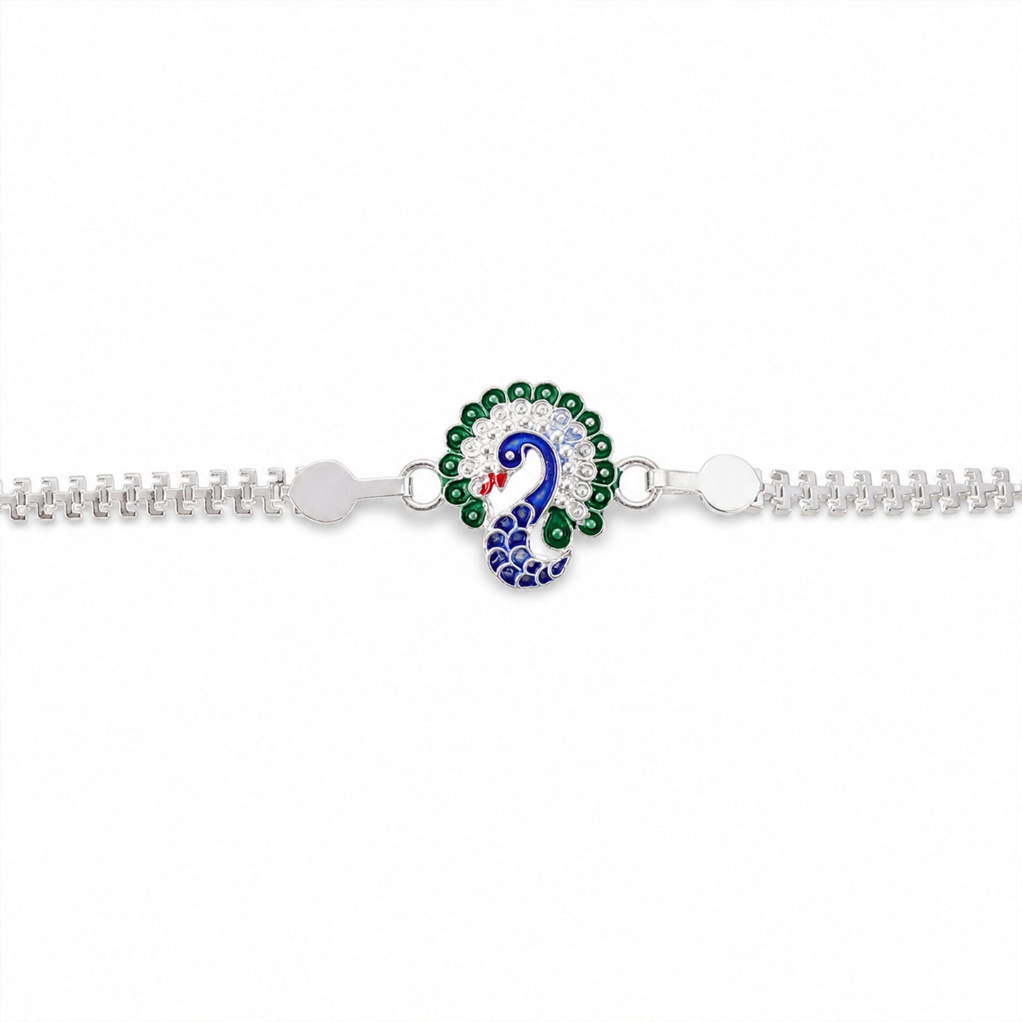 Silver Peacock Meenakari Rakhi with Crystal & Chain Rakhi for Brother