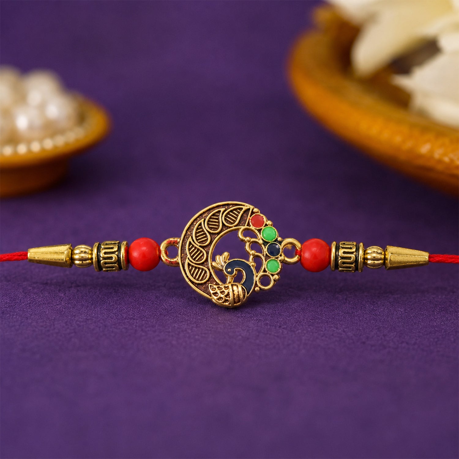 Peacock Design Rakhi, Elegant Round Traditional Rakhi in-use view for festive gifting