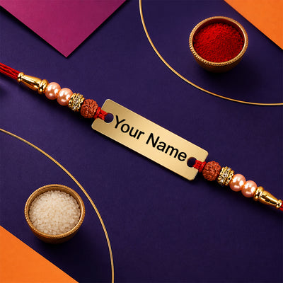 Personalized Rudraksha Rakhi – Custom Name Plate for Brother
