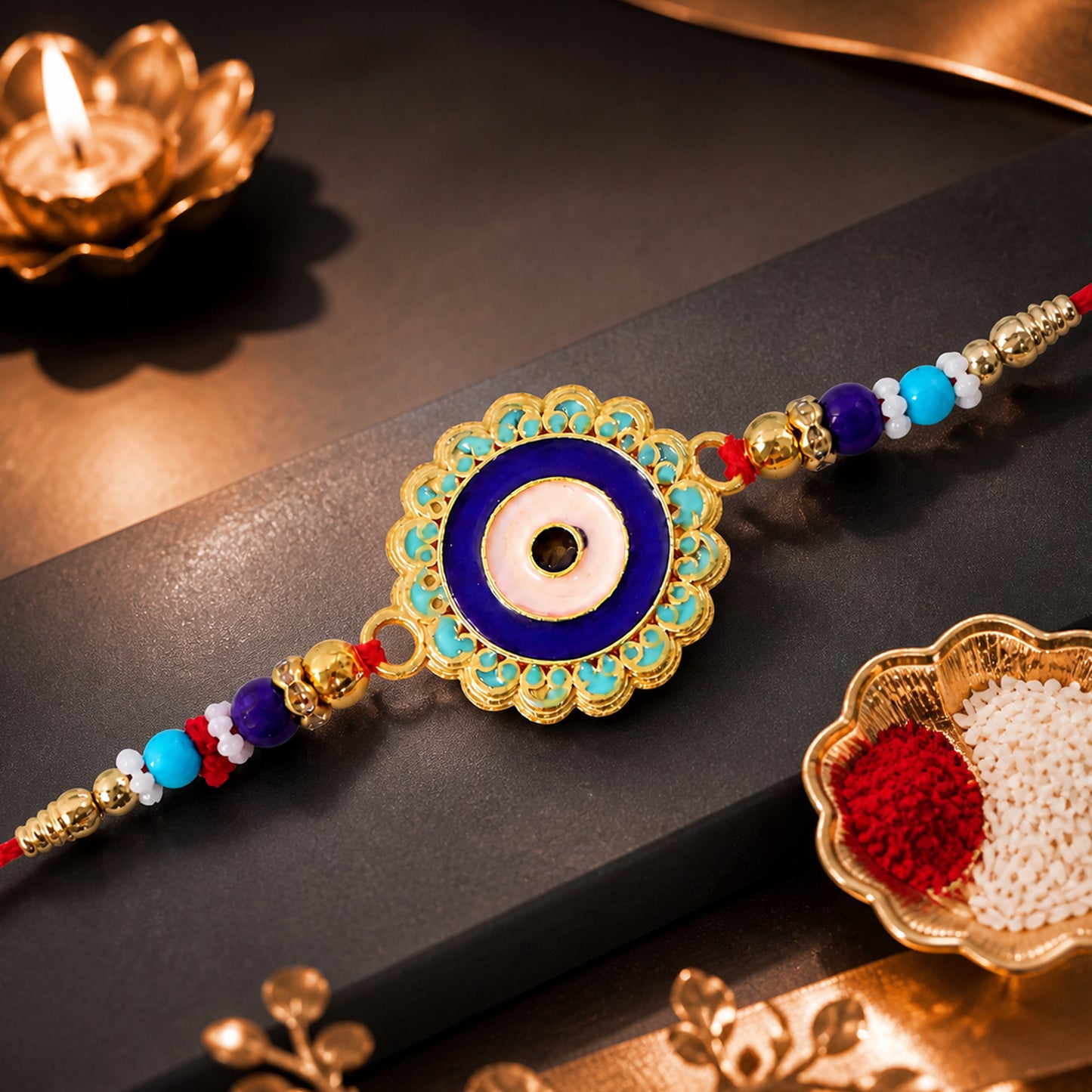 Evil Eye Rakhi – Stylish Beads with Golden Accents for Protection