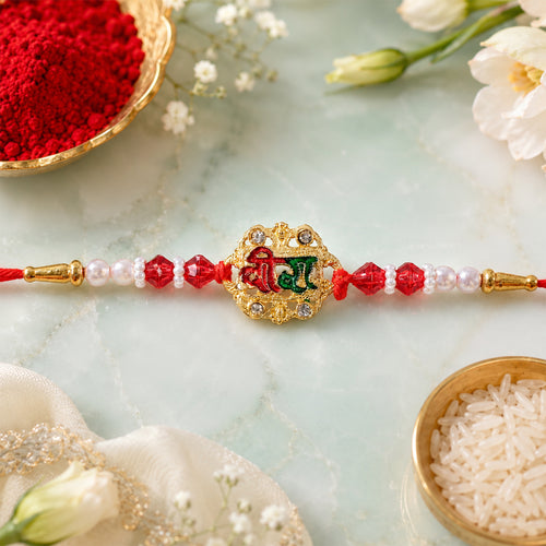 Veera Rakhi with Rudraksha, Elegant Stone Studded Design front view for festive gifting