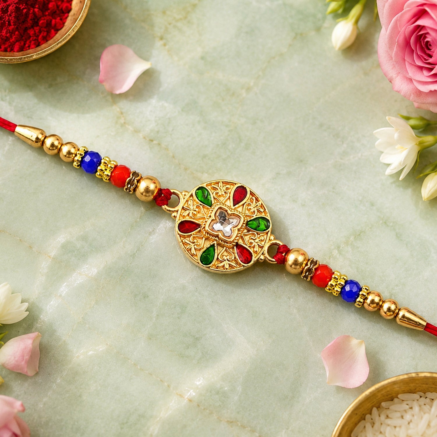 Traditional Meenakari Rakhi – Multicolor Enamel & Kundan Stones