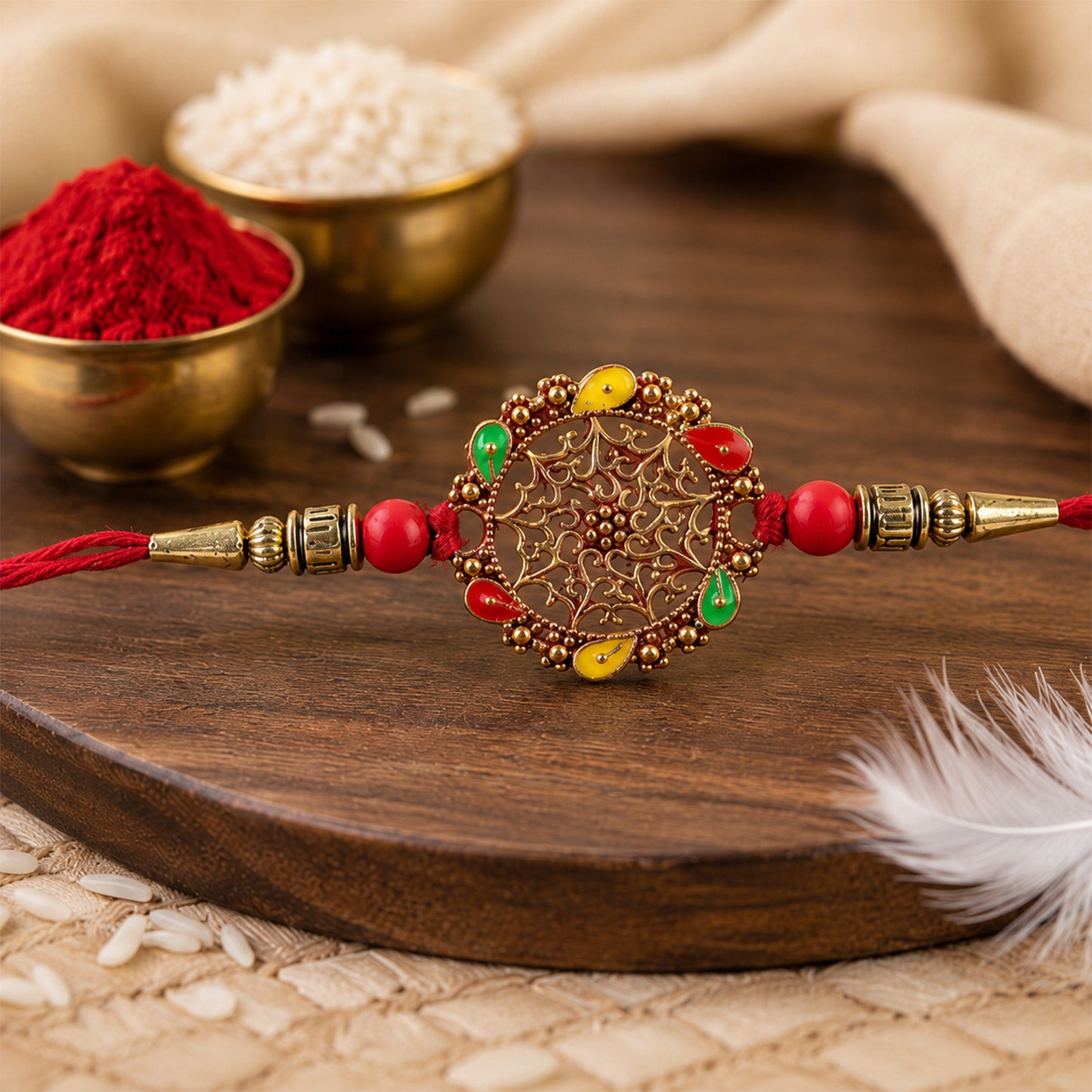 Circular Rakhi with Multicolor Accents – Elegant Raksha Bandhan Gift