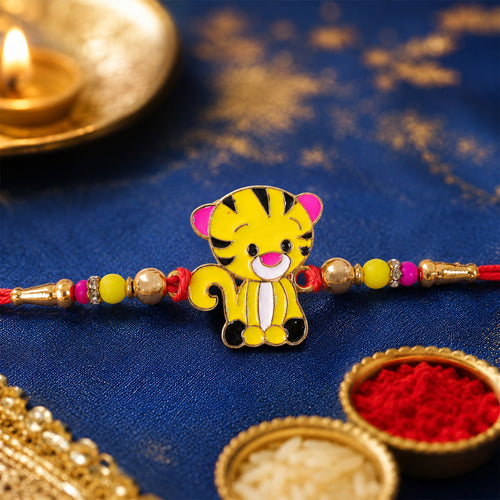 Tiger Cartoon Rakhi for Kids, Cute & Protective Thread front view for kids and family fun