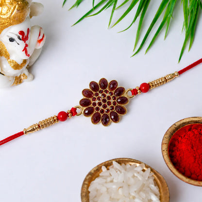 Red Floral Stone Rakhi with Bead Accents for Raksha Bandhan