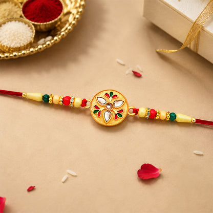 Sacred Kalash Design Rakhi with Embellished Beads and Red Thread