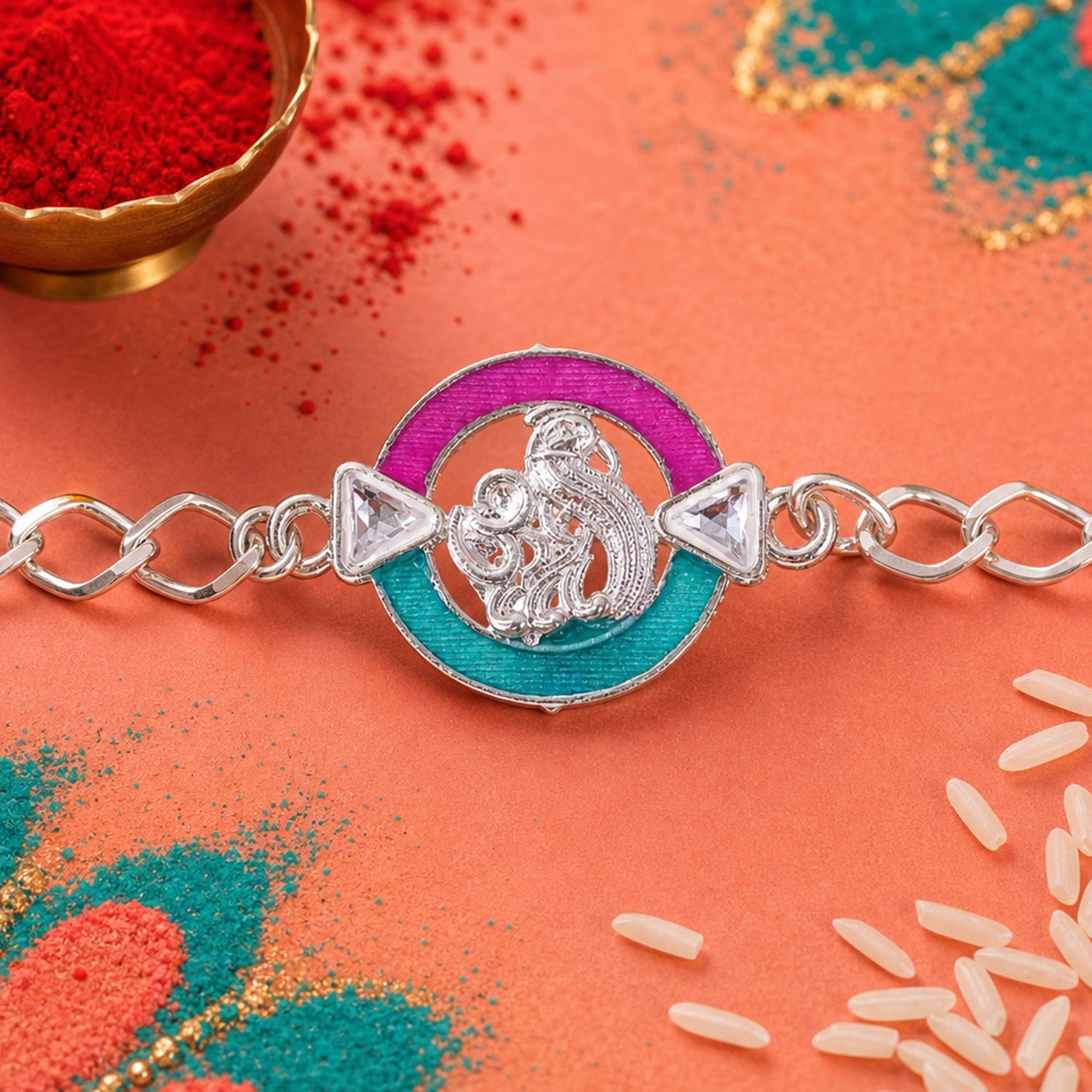 Designer Rakhi Round Om Peacock Motif Crystal Chain