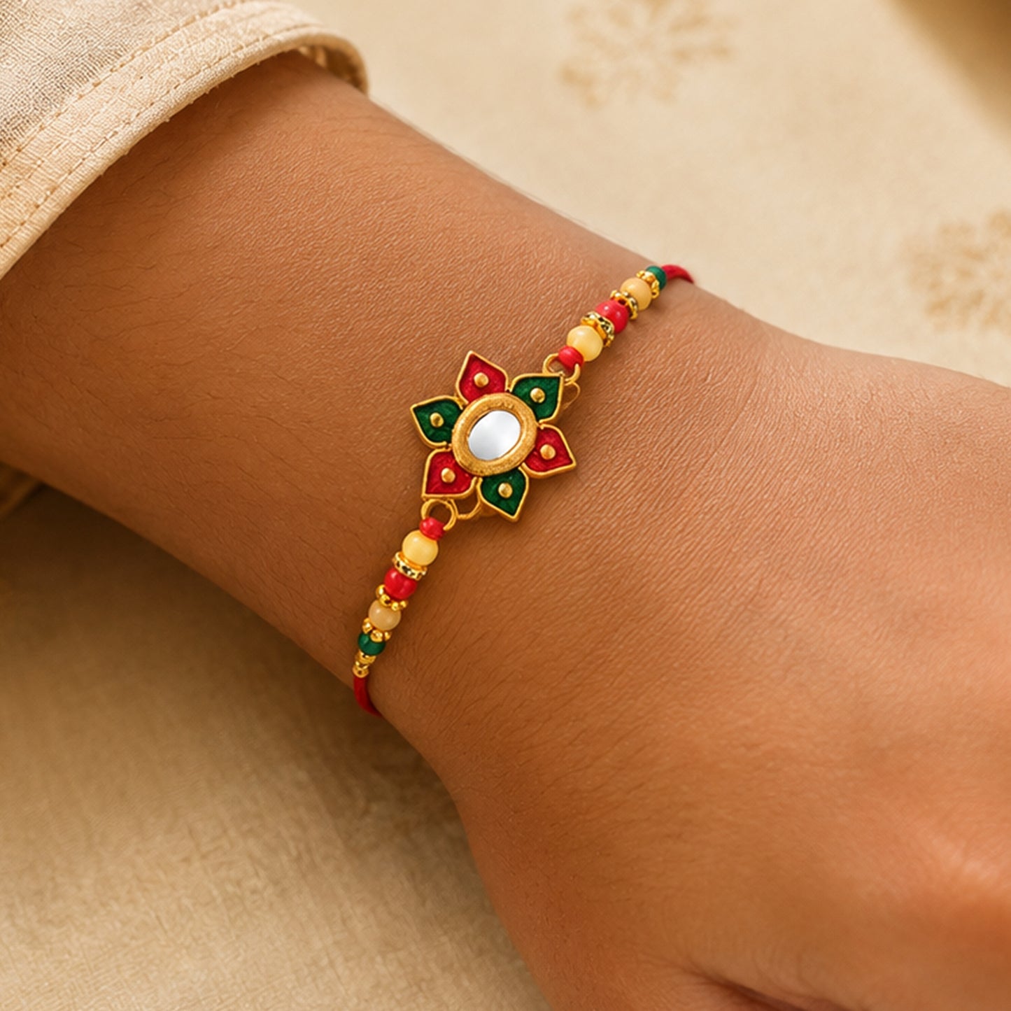 Floral Rakhi with Multicolor Stone Work – Elegant Raksha Bandhan Gift