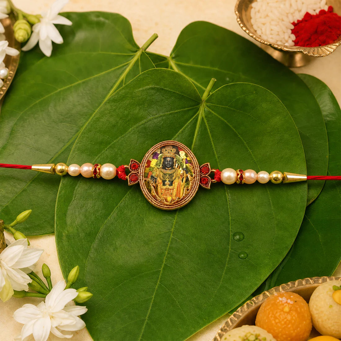 Peacock Rakhi tied on a brother's wrist for Raksha Bandhan celebration.