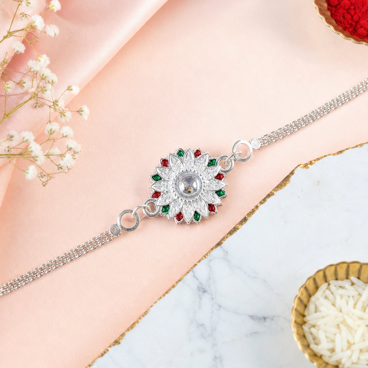 Designer Floral Silver Rakhi with Stone Centerpiece for Brother