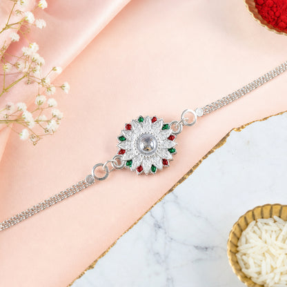Designer Floral Silver Rakhi with Stone Centerpiece for Brother