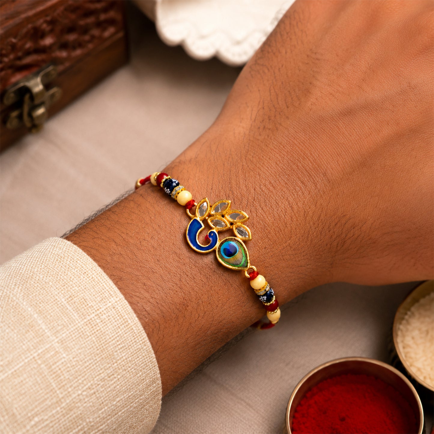 Artistic Mor Pankh Rakhi with Colorful Enamel and Traditional Thread For Rakshabandhan