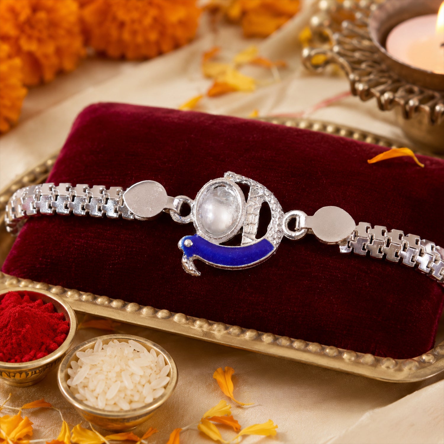 Peacock Rakhi displayed on a traditional background.